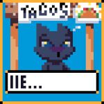  1:1 animated anthro black_body blue_eyes digital_media_(artwork) domestic_cat felid feline felis food loop mammal pixel_(artwork) pixel_animation raven404 solo taco text 