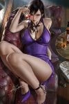  2020 bangs banned_artist bare_arms bare_legs black_hair breasts brown_eyes cleavage closed_mouth couch cup dress final_fantasy final_fantasy_vii final_fantasy_vii_remake from_above hair_between_eyes high_heels holding holding_cup large_breasts long_hair looking_at_viewer lying on_back pumps purple_dress purple_footwear red_lips shiny shiny_hair short_dress sideboob signature sleeveless sleeveless_dress straight_hair tifa_lockhart wooden_floor zumi_(zumidraws) 