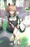  1girl absurdres animal_ears apron blonde_hair closed_mouth dress garter_straps ghost green_dress green_eyes hair_between_eyes hat highres indie_virtual_youtuber indoors looking_at_viewer lucien_tube medium_hair naplings_(nimi_nightmare) nimi_nightmare nurse nurse_cap one_side_up smile solo stool tapir_ears tapir_girl thighhighs tile_floor tiles virtual_youtuber white_apron white_thighhighs window 