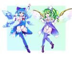  2girls :d adapted_costume arm_up bare_shoulders boots bow brown_thighhighs cirno clenched_hand commentary_request commission daiyousei detached_sleeves elbow_gloves eruichi_(redphantom) fairy fairy_wings full_body gloves green_hair groin hair_bow highleg highleg_leotard ice ice_wings leotard long_hair looking_at_viewer multiple_girls neck_ribbon ribbon short_hair skeb_commission smile strapless strapless_leotard thighhighs thighhighs_under_boots touhou w_arms white_gloves white_leotard wing_collar wings 