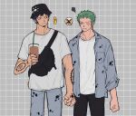  2boys ? black_hair black_headwear black_pants blush bubble_tea bucket_hat checkered_background cup denim earrings facial_hair fanny_pack goatee green_hair hat holding holding_cup holding_hands jeans jewelry long_sideburns looking_at_another male_focus multiple_boys one_piece open_clothes open_shirt pants roronoa_zoro scar scar_across_eye shirt short_hair sideburns speech_bubble spoken_question_mark squiggle tattoo tong_noe trafalgar_law white_shirt yaoi 