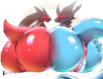  2022 anthro anus bandai_namco big_butt blaziken blue_body bunnemilk butt digimon digimon_(species) duo female flamedramon generation_3_pokemon genitals glowing glowing_eyes hi_res looking_at_viewer looking_back looking_back_at_viewer nintendo pokemon pokemon_(species) pussy red_body red_eyes video_games 