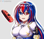  1girl alear_(fire_emblem)_(female) blue_eyes blue_hair breasts canadiananiguy controller fire_emblem_engage game_controller heterochromia joy-con large_breasts multicolored_hair red_eyes red_hair simple_background solo two-tone_hair white_background 