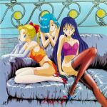  3girls aqua_eyes black_hair blue_eyes blue_hair blue_shoes bow breasts bustier cleavage couch cover cream_lemon crossed_arms earrings elbow_gloves gloves hair_bow hair_over_one_eye high_heels high_ponytail jewelry knee_up lace-trimmed_gloves lace-trimmed_legwear lace_trim laserdisc_cover lingerie long_hair looking_at_viewer medium_breasts medium_hair multiple_girls navel no_panties non-web_source official_art on_couch open_mouth orange_panties panties ponytail red_shoes red_thighhighs retro_artstyle scan shoes smile strapless strappy_heels tadano_kazuko thighhighs underwear very_long_hair white_gloves white_thighhighs 