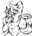  anthro canid canine canis clothed clothing half_naked humanoid juicyjoober369 knife male mammal muscular muscular_anthro smile smiling_at_viewer solo topless wolf 