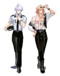 2boys abs absurdres adjusting_clothes adjusting_necktie alternate_costume ankle_boots antenna_hair arm_strap belt black_belt black_necktie black_pants black_shoes blonde_hair blue_eyes boots braid chest_tattoo collared_shirt commentary earrings facial_tattoo gradient_hair hair_between_eyes hat headphones headphones_around_neck highres holding holding_removed_eyewear holding_unworn_clothes holding_unworn_hat honkai:_star_rail honkai_(series) jewelry male_focus medium_hair multicolored_hair multiple_boys mydei_(honkai:_star_rail) necklace necktie pants parted_bangs parted_lips phainon_(honkai:_star_rail) pilot qiaose33912 red_hair red_tattoo shirt shoes short_hair side_braid simple_background sunglasses symbol-only_commentary tattoo toned toned_male unworn_eyewear unworn_hat unworn_headwear watch white_background white_hair white_shirt wristwatch yellow_eyes 