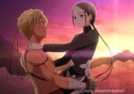 1boy 1girl absurdres aco_(bearchannel) backlighting black_shirt blonde_hair brown_eyes brown_hair carrying closed_mouth couple day eye_contact floating_hair hand_on_another&#039;s_shoulder hetero highres iskahn_(sao) long_hair long_sleeves looking_at_another low_ponytail outdoors sheyta_(sao) shirt short_hair smile sword_art_online twitter_username very_long_hair watermark 
