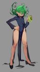  1girl ahoge black_dress breasts covered_navel cup curly_hair dress drinking_straw full_body green_eyes green_hair green_nails grey_background high_heels highres holding holding_cup looking_at_viewer nnsee_d one-punch_man simple_background small_breasts solo standing tatsumaki tongue tongue_out 