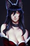  1girl absurdres ahri_(league_of_legends) animal_ears bare_shoulders black_choker black_hair breasts choker cleavage closed_mouth distr fox_ears hair_between_eyes highres large_breasts league_of_legends looking_at_viewer orange_eyes signature smile solo upper_body 