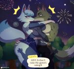  2022 absurd_res animal_crossing anthro breasts canid canine canis clothed clothing dialogue digital_media_(artwork) dipstick_tail dobie_(animal_crossing) english_text eyebrows female fingers fireworks gammainks hair hand_on_breast hi_res kissing looking_at_viewer male male/female mammal markings nintendo outside plant tail_markings text topless tree video_games whitney_(animal_crossing) wolf 