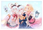  1boy 4girls animal_ears bangs belt black_gloves blonde_hair crop_top djeeta_(granblue_fantasy) doll_hug elbow_gloves english_text fake_animal_ears gloves granblue_fantasy grey_hair hair_ornament hairband hairclip hand_on_another&#039;s_shoulder hat jewelry long_hair looking_at_viewer midriff mini_hat multiple_girls necklace nier_(granblue_fantasy) object_hug one_eye_closed orchis pink_skirt post_guild_war_celebration seox_(granblue_fantasy) shirt short_hair sidelocks skirt stuffed_animal stuffed_cat stuffed_toy twintails vienri vikala_(granblue_fantasy) white_shirt white_skirt 