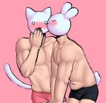  black_nose blush blush_lines boxer_briefs clothed clothing colored colored_nails domestic_cat dreamscreep duo fan_character felid feline felis front_view fur hi_res humanoid humanoid_hands kissing kissing_cheek lagomorph leporid looking_at_viewer male male/male mammal muscular muscular_male nails pink_background prick_ears rabbit shaded simple_background simple_eyes topless topless_male underwear white_body white_fur 