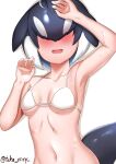  1girl arm_up armpits bangs bikini black_hair blue_hair blush breasts cetacean_tail collarbone covered_eyes dolphin_girl dorsal_fin facing_viewer hair_over_eyes hand_up head_fins highres kashisu_mint kemono_friends long_bangs medium_breasts medium_hair multicolored_hair navel open_mouth orca_(kemono_friends) simple_background smile solo stomach swimsuit tail twitter_username upper_body wet white_background white_bikini white_hair 