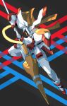  absurdres black_background blue_background blue_horns clip_studio_paint_(medium) closed_mouth commentary darling_in_the_franxx dynamic_pose fighting_stance highres holding holding_polearm holding_weapon horns lance mecha mecha_focus no_humans one_eye_covered orange_eyes park_bandi polearm red_background robot science_fiction single_horn solo strelizia weapon 