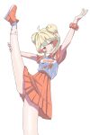  1girl absurdres arms_up artist_request balancing clothes_writing cropped doyagao highres holding_own_leg hololive hololive_dev_is holonatsu_paradise looking_at_viewer oekaki official_alternate_costume official_alternate_hairstyle otonose_kanade otonose_kanade_(holonatsu_paradise) simple_background skirt smug solo split standing standing_on_one_leg standing_split white_background 