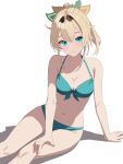 1girl absurdres alternate_costume aqua_bikini aqua_eyes arm_support bikini black_hairband blonde_hair bow bow_bikini breasts cleavage closed_mouth commentary_request crossed_bangs double-parted_bangs feet_out_of_frame hair_ornament hairband hand_on_own_leg highres hololive katsuo_shimanto kazama_iroha large_breasts medium_hair navel ponytail reclining shadow simple_background smile solo stomach swimsuit virtual_youtuber white_background 