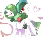  1boy 1girl arms_up bangs blush blush_stickers bob_cut carrying closed_eyes closed_mouth colored_skin commentary_request cowboy_shot flat_chest full_body gallade gardevoir green_hair green_skin hair_over_one_eye hands_up hao_(pixiv_10705622) happy heart hetero hug looking_at_another lowres mohawk multicolored_hair multicolored_skin one_eye_covered open_mouth outstretched_arm pokemon pokemon_(creature) princess_carry red_eyes short_hair smile standing two-tone_hair two-tone_skin u_u white_background white_skin 