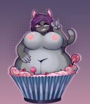  anthro belly big_belly big_breasts breasts chubby_female cupcake domestic_cat felid feline felis female food hi_res indfx mammal navel nude solo tiffany_(xausr32) tuxedo_cat 