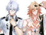  2boys abs absurdres adjusting_clothes adjusting_necktie alternate_costume antenna_hair arm_strap black_necktie blonde_hair blue_eyes braid chest_tattoo collared_shirt commentary earrings facial_tattoo gradient_hair hair_between_eyes headphones headphones_around_neck highres holding holding_removed_eyewear honkai:_star_rail honkai_(series) jewelry male_focus medium_hair multicolored_hair multiple_boys mydei_(honkai:_star_rail) necklace necktie parted_bangs phainon_(honkai:_star_rail) pilot qiaose33912 red_hair red_tattoo shirt short_hair side_braid simple_background sunglasses symbol-only_commentary tattoo toned toned_male unworn_eyewear watch white_background white_hair white_shirt wristwatch yellow_eyes 