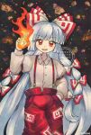  1girl artist_name bow commentary dated fire fujiwara_no_mokou grey_hair grey_shirt hair_bow hand_in_pocket hashtag-only_commentary highres long_hair long_sleeves looking_at_viewer maa_(forsythia1729) multiple_hair_bows ofuda ofuda_on_clothes open_mouth pants pyrokinesis red_eyes red_pants shirt smile solo suspenders touhou traditional_media twitter_username very_long_hair watermark 