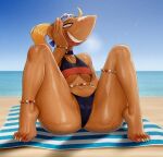  anthro beach bikini bracelet clothing colored_nails day derek_hetrick ear_piercing ear_ring eyewear feet female fingernails freckles front_view hair hi_res jewelry nails orange_hair piercing ponytail ring_piercing sea smile snout solo spread_legs spreading sunglasses swimwear tan_body teeth toenails toes tongue towel two-piece_swimsuit unknown_species water yellow_eyes 