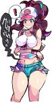  ! 1girl absurdres bare_arms bare_shoulders baseball_cap black_vest blue_shorts blush breasts brown_eyes brown_hair commentary_request cropped_legs crossed_arms cutoffs denim denim_shorts enpe hat highres hilda_(pokemon) large_breasts long_hair midriff navel open_clothes open_vest pokemon pokemon_bw short_shorts shorts simple_background solo spoken_exclamation_mark stomach_growling tank_top vest white_background white_hat white_tank_top wristband 
