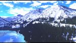  blue_sky cloud cloudy_sky commentary_request day english_commentary fir_tree forest highres lake mixed-language_commentary mountain nature no_humans original outdoors photorealistic realistic reflection reflective_water scenery shadow sky snow sunlight trbrchdm tree water 