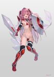  1boy absurdres armor armored_boots bangs bikini bikini_armor black_ribbon blush boots cape commentary cosplay elizabeth_bathory_(brave)_(fate) elizabeth_bathory_(brave)_(fate)_(cosplay) elizabeth_bathory_(fate) fate/grand_order fate_(series) full_body grey_background hair_ornament hair_ribbon highres holding holding_shield holding_sword holding_weapon leg_tattoo long_hair looking_at_viewer loose_bikini male_focus navel open_mouth original otoko_no_ko paid_reward_available pauldrons pink_eyes pink_hair red_armor red_bikini ribbon shield shoulder_armor silver_trim simple_background smile solo sooon spiked_boots spiked_footwear stomach swimsuit sword tattoo twitter_username vambraces weapon white_cape 