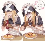  1boy absurdres apron axl_low bandana bbhdrrr black_bow black_bowtie blonde_hair blue_eyes blush bow bowtie closed_eyes crossdressing embarrassed fingerless_gloves food forced_smile frilled_apron frills gloves guilty_gear heart heart_hands highres ketchup korean_text long_hair looking_at_viewer maid maid_apron maid_headdress male_focus omurice open_mouth smile speech_bubble sweat translation_request watch white_background 