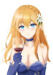  1girl absurdres bangs bare_shoulders blonde_hair blue_choker blue_dress blue_eyes blue_gloves blush braid breasts choker cleavage closed_mouth codename696 collarbone commentary commission cup dress drinking_glass elbow_gloves flower girls&#039;_frontline gloves hair_flower hair_ornament highres holding holding_cup large_breasts lips long_hair looking_at_viewer mosin-nagant_(girls&#039;_frontline) mosin-nagant_(moonlit_ocean)_(girls&#039;_frontline) official_alternate_costume red_wine skeb_commission smile solo upper_body white_background wine_glass 