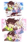  absurd_res anthro blush blush_lines caesar_zeppeli canid canine canis clothing dialogue duo fizzy-dog hair hi_res jojo&#039;s_bizarre_adventure joseph_joestar kissing lagomorph leporid male mammal personal_grooming rabbit scarf speech_bubble styling_hair stylish talking_to_another text tight_clothing wolf 