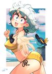  1girl :d ass beach bikini breasts carte cloud day green_hair hat hat_removed headwear_removed highres komeiji_koishi ocean open_mouth short_hair sky smile solo sun_hat swimsuit third_eye touhou yellow_bikini 