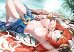  1girl :d absurdres aqua_eyes arabian_clothes arm_guards arm_up armlet armpits bangs blue_skirt breasts circlet cleavage day gem genshin_impact gradient_eyes green_eyes hair_ornament halterneck hand_on_own_chest highres horns jewelry knee_up large_breasts long_hair looking_at_viewer low-tied_long_hair low_twintails lying_on_water medium_breasts multicolored_eyes navel necklace nilou_(genshin_impact) open_mouth outdoors parted_bangs partially_submerged proverbs_zhenyan red_hair revealing_clothes shallow_water skirt smile solo stomach twintails veil very_long_hair water 