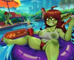 areola big_breasts breasts cleavage clothed clothing eating eyelashes female food goblin green_body green_skin inflatable inner_tube nipples not_furry pizza pupils red_clothing shirt spread_legs spreading swimming_pool teeth topwear translucent translucent_clothing twistingtoxic water wet wet_clothing wet_shirt wet_topwear
