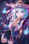  1girl bare_shoulders black_thighhighs blue_eyes blue_fire blue_vest blush colored_inner_hair detached_sleeves fire frilled_hat frills green_hair hat highres holding long_sleeves looking_at_viewer medium_hair multicolored_hair open_mouth pink_hair rod_of_remorse rouge_(my_rouge) shiki_eiki skirt solo thighhighs touhou vest 