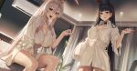  2girls absurdres air_conditioner animal_ear_fluff animal_ears backlighting black_choker black_hair blunt_bangs blush bra breasts buttons candy ceiling_light choker cleavage collarbone collared_shirt commentary commission curtains dutch_angle food goback hair_between_eyes hand_up highres holding holding_candy holding_food holding_key holding_lollipop indoors key lace-trimmed_choker lace_trim large_breasts licking_lips lollipop long_hair long_sleeves looking_at_viewer multicolored_hair multiple_girls open_mouth original plant rabbit_ears red_eyes red_streaks see-through_clothes see-through_shirt shirt single_sleeve_past_fingers single_sleeve_past_wrist sitting smile standing streaked_hair thighs tongue tongue_out underwear very_long_hair white_hair white_shirt window 