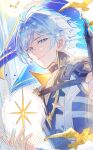  1boy absurdres antenna_hair armor bird black_choker black_shirt blue_cape blue_eyes cape character_name choker collared_shirt gold_trim hair_between_eyes highres holding holding_star honkai:_star_rail honkai_(series) light_particles light_smile looking_at_viewer male_focus neck_tattoo pauldrons phainon_(honkai:_star_rail) roscoe_(onyx_black89) shirt short_hair shoulder_armor single_pauldron solo star_(symbol) tattoo white_hair 
