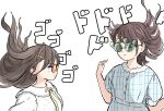  2girls animification blue_dress brown_hair character_request closed_mouth collared_shirt commentary_request dress floating_hair glasses green-tinted_eyewear hayama_fuka highres long_hair looking_at_another menacing_(jojo) multiple_girls novelty_glasses orange-tinted_eyewear plaid_clothes plaid_dress real_life rounded_collar shirt simple_background smile sound_effects tazaki_masanobu tinted_eyewear voice_actor white_background white_shirt 