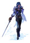  black_boots black_gloves blue_eyes blue_hair blue_vest boots cape commentary dark-skinned_male dark_skin eyepatch fingerless_gloves full_body fur-trimmed_cape fur_trim genshin_impact gloves gold_trim highres holding holding_sword holding_weapon kaeya_(genshin_impact) long_sleeves looking_at_viewer ponytail shirt simple_background smile standing sword towa_(10_wa) vest vision_(genshin_impact) weapon white_background white_cape white_shirt 