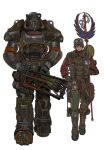  1girl 1other absurdres ammunition_pouch armor bag bandolier banner belt boots brotherhood_of_steel brown_boots brown_eyes brown_gloves brown_hair earmuffs energy_gun fallout fingerless_gloves gloves goggles goggles_on_head green_bag green_hat green_pants gun hat highres holding holding_bag holding_banner holding_gun holding_weapon kkghost_tv knife laser_rifle machine_gun pants pouch power_armor red_shirt shirt weapon 