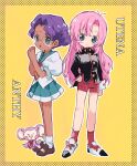  2girls :d absurdres animal bangs bindi blush_stickers character_name chu_chu_(shoujo_kakumei_utena) dark-skinned_female dark_skin glasses green_eyes hair_bun hand_in_pocket hano_luno highres himemiya_anthy jacket long_hair long_sleeves looking_at_viewer monkey multiple_girls own_hands_clasped own_hands_together parted_bangs pink_hair pleated_skirt puffy_short_sleeves puffy_sleeves purple_hair round_eyewear school_uniform serafuku short_sleeves shorts shoujo_kakumei_utena skirt smile tenjou_utena 