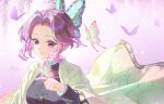 1girl animal_print artist_name breasts bug butterfly butterfly_hair_ornament butterfly_on_hand butterfly_print closed_mouth coat commentary_request demon_slayer_uniform green_butterfly hair_ornament highres kimetsu_no_yaiba kochou_shinobu long_sleeves medium_breasts megumi_ml pink_background purple_butterfly purple_eyes purple_hair smile solo upper_body white_coat 