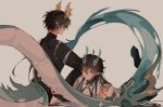  2boys aqua_horns back black_hair black_shirt closed_mouth dan_heng_(honkai:_star_rail) dan_heng_(imbibitor_lunae)_(honkai:_star_rail) dan_heng_(permansor_terrae)_(honkai:_star_rail) dragon_boy dragon_horns dragon_tail dual_persona grey_background hair_between_eyes honkai:_star_rail honkai_(series) horns komugiko_414 long_hair male_focus multiple_boys pointy_ears ponytail shirt simple_background single_bare_shoulder tail translucent_horns yellow_horns 