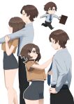  1boy 1girl :q absurdres alice_gunlock black_choker black_pants black_shorts blue_necktie blue_shirt blue_streaks bracelet briefcase brown_eyes brown_hair chibi chibi_inset choker cowboy_shot dressing_another eyes_visible_through_hair fav_faris feet_out_of_frame from_side full_body hair_ornament hair_over_one_eye hairclip highres hug hug_from_behind jewelry looking_ahead looking_at_another multiple_views necktie one_eye_closed orange_shirt original pants running shirt shorts smile tongue tongue_out 