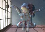  1girl adversarial_noise ascot barefoot blonde_hair cattleya_(a_yel_ttac) closed_mouth collared_shirt commentary_request crystal crystal_wings english_commentary flandre_scarlet frilled_shirt_collar frilled_skirt frills hat hat_ribbon highres hugging_own_legs long_hair looking_to_the_side mixed-language_commentary mob_cap multicolored_wings one_side_up puffy_short_sleeves puffy_sleeves red_eyes red_ribbon red_skirt red_vest ribbon shadow shirt short_sleeves skirt skirt_set solo toes touhou vest white_hat wings yellow_ascot 