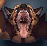 anthro blonde_hair blue_eyes bodily_fluids brown_body brown_fur canid canine canis domestic_dog first_person_view fur german_shepherd hair herding_dog hi_res imminent_vore joooon male mammal mouth_shot open_mouth oral_vore pastoral_dog pink_tongue saliva saliva_on_tongue saliva_string solo tan_body tan_fur teeth throat tongue uvula vore