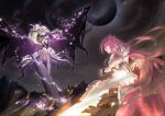  2girls absurdres armor battle blonde_hair deathpolca demons_roots dress flat_chest galoluise highres holding holding_sword holding_weapon king_exit knight long_hair looking_at_another multiple_girls pink_hair plant second-party_source side_ponytail sky smile sword uof very_long_hair vines weapon wings 