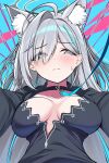  1girl @_@ absurdres ahoge animal_ear_fluff animal_ears aqua_eyes black_choker black_dress black_halo blue_archive blue_background blush breasts breasts_apart choker closed_mouth collarbone commentary cross_hair_ornament dress embarrassed extra_ears eyes_visible_through_hair frown furrowed_brow grey_hair hair_behind_ear hair_between_eyes hair_intakes hair_ornament halo highres huge_ahoge incoming_hug large_breasts leash long_hair long_sleeves looking_to_the_side nojikorirakkusu shiroko_(blue_archive) shiroko_terror_(blue_archive) simple_background solo split_mouth straight-on straight_hair sweatdrop upper_body very_long_hair wolf_ears wolf_girl 