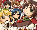  5girls ahoge amami_haruka black_eyes black_hair blonde_hair blue_hair brown_eyes brown_hair christmas closed_mouth dot_mouth food green_eyes green_hairband hairband hat highres holding holding_food holy_night_dress_(idolmaster) hoshii_miki idolmaster idolmaster_(classic) idolmaster_1 idolmaster_live_for_you! kikuchi_makoto kisaragi_chihaya long_hair looking_at_viewer merry_christmas multiple_girls okazuhamburg one_eye_closed onigiri open_mouth orange_hair outline plaid_background red_hat santa_hat short_hair smile takatsuki_yayoi white_outline yule_log_(cake) 