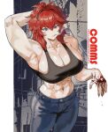  1girl abs absurdres ahoge arm_up armpits bare_arms bare_shoulders black_sports_bra blood blood_on_hands blue_eyes blue_pants borrowed_character breasts cigarette cleavage commission cowboy_shot denim english_text hair_between_eyes hand_on_own_head highres jeans large_breasts limp_wrist long_hair looking_at_viewer muscular muscular_female navel original pants park_ongjol red_hair smoke smoking solo sports_bra standing stomach tatsugami_reiko_(conceited_raven) tsurime twitter_username 